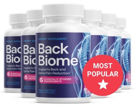 Supplied BackBiome six-bottle product image with a promotional badge