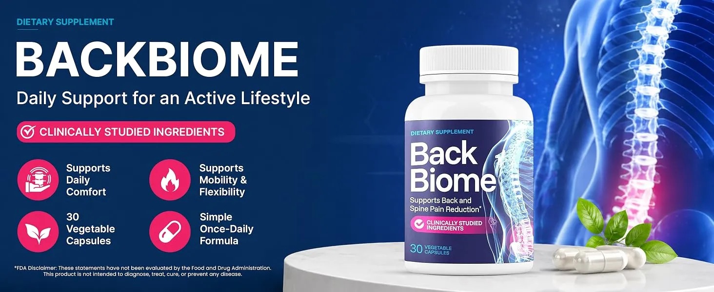 Supplied BackBiome promotional banner with bottle and spine illustration